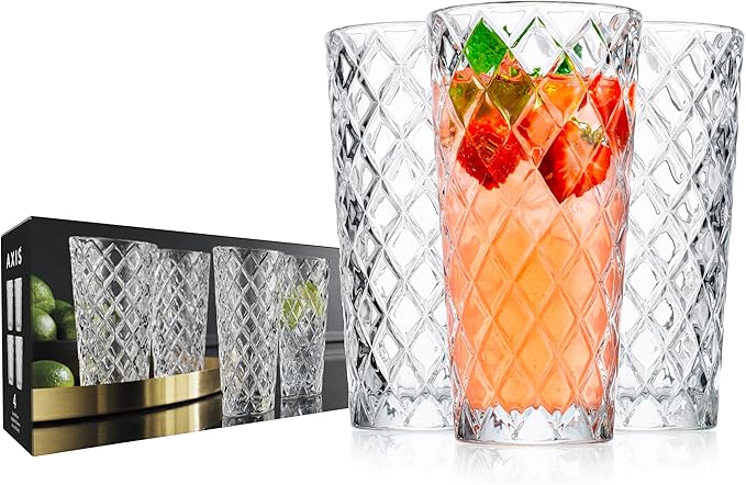 Glaver's Drinking Glasses Set of 4. Tall Highball Glasses. 14oz. Textured Diamond Cut Elegant Drinking Glass Cups- Kitchen Glassware for Water, Iced Tea, Juice, Cocktail.