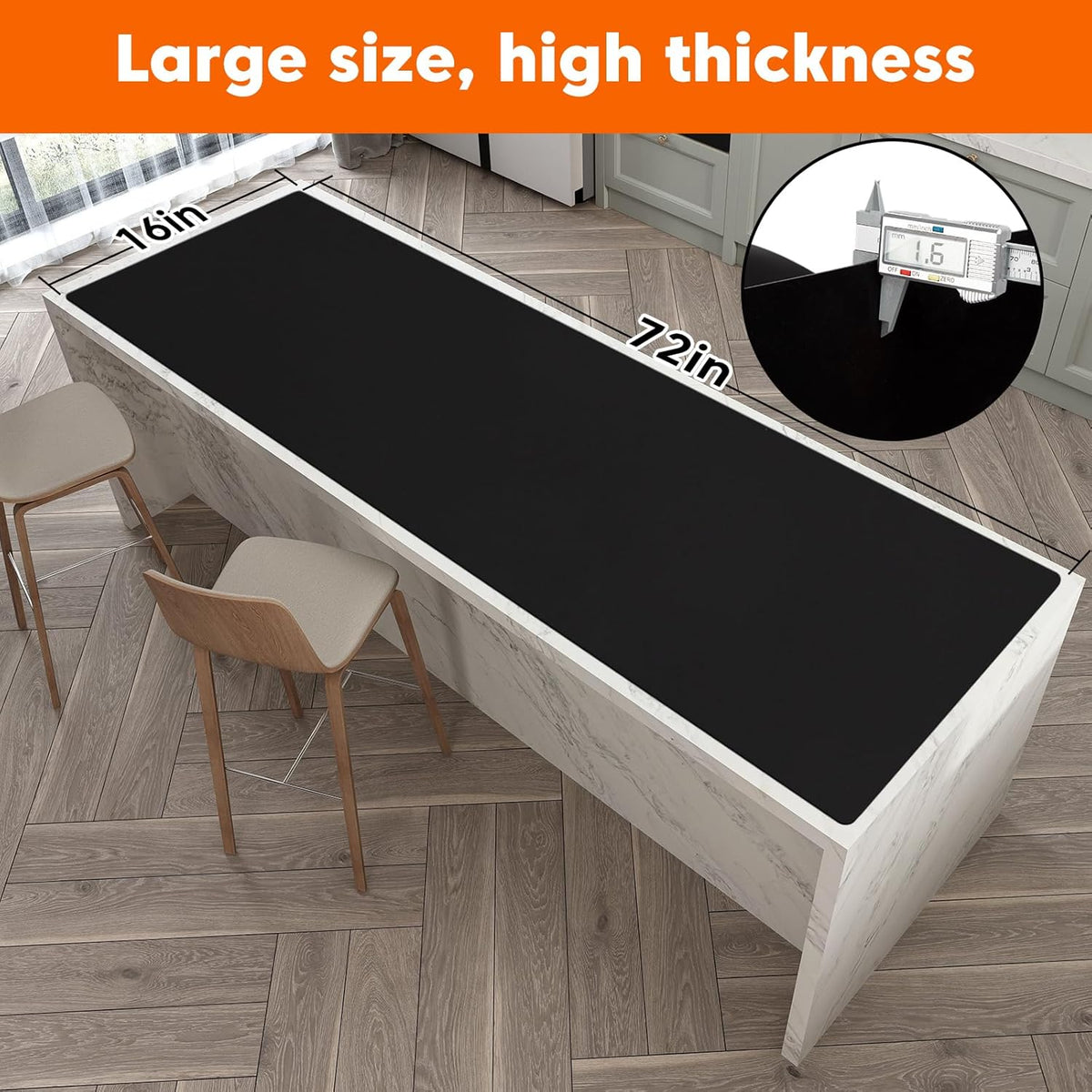 Large Silicone Mats for Kitchen Counter,Countertop Protector for Pastry Making,Silicone Mats for Crafts,Skin-Friendly Surface Vanity Mat,Freely Cuttable(Black, 16" x 72" x 1.6mm)