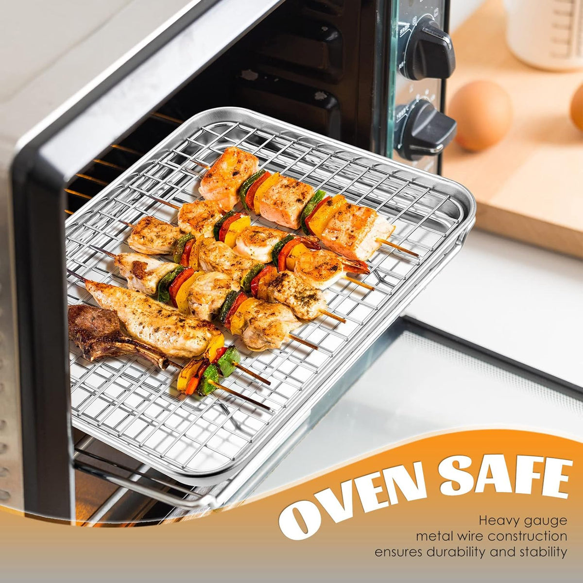 Small Baking Cooling Rack Set of 2, E-far Stainless Steel Toaster Oven Rack for Cooking Roasting Grilling Meat, 8.6” x 6.2” Metal Bakeable Wire Racks for Cookie Cake Bacon - Dishwasher Safe