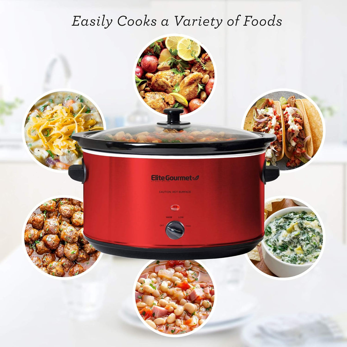Elite Gourmet MST-900RXT# Electric Ceramic XL Jumbo Slow Cooker, Adjustable Temp, Entrees, Sauces, Stews & Dips, Dishwasher Safe Glass Lid & Crock, 8.5Qt, Stainless Steel