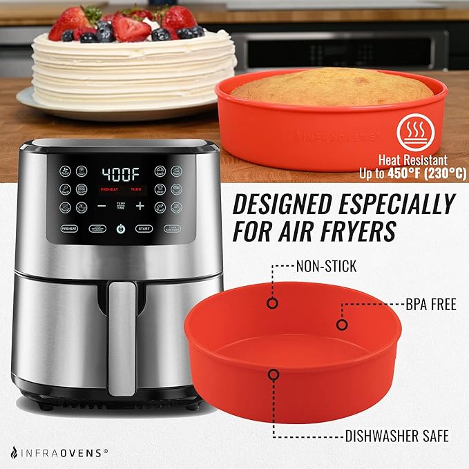 Air Fryer Baking Pan Set For Ninja Air Fryers AF141, AF181 5qt 6.5qt, Freezer and Airfryer Bakeware Sets with Cupcake Liners & Kitchen Conversion Chart, Nonstick Round Cake Molds for Baking