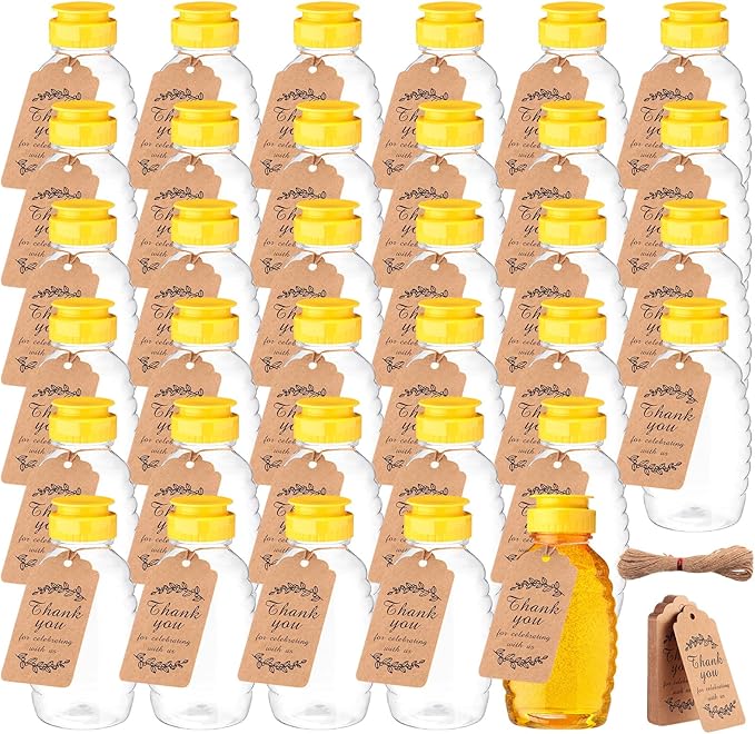 Sliner 36 Set 16 oz Clear Honey Squeeze Bottle Plastic Honey Jars with Leak Proof Flip Top Lid and Thank You Tag Honey Container Empty Refillable Maple Syrup for Storing and Dispensing