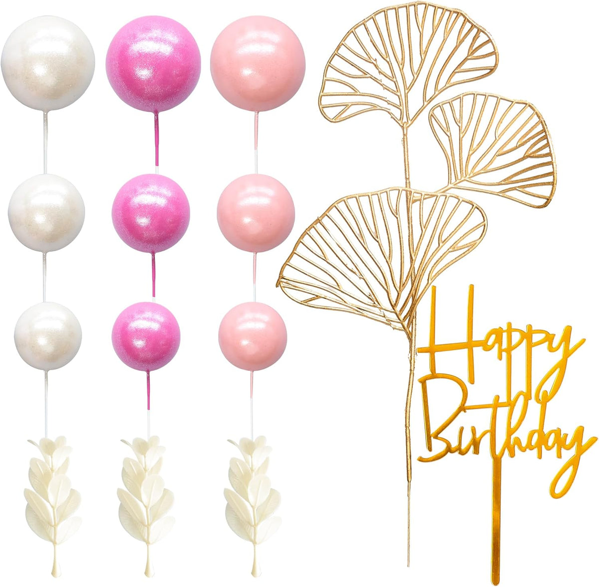 Gyufise 57Pcs Balls Cake Topper Boho Grass Cake topper Pearl Balls Acrylic Happy Birthday Cake Decorations for Wedding Baby Shower Birthday Boho Themed Party Supplies Rose Red