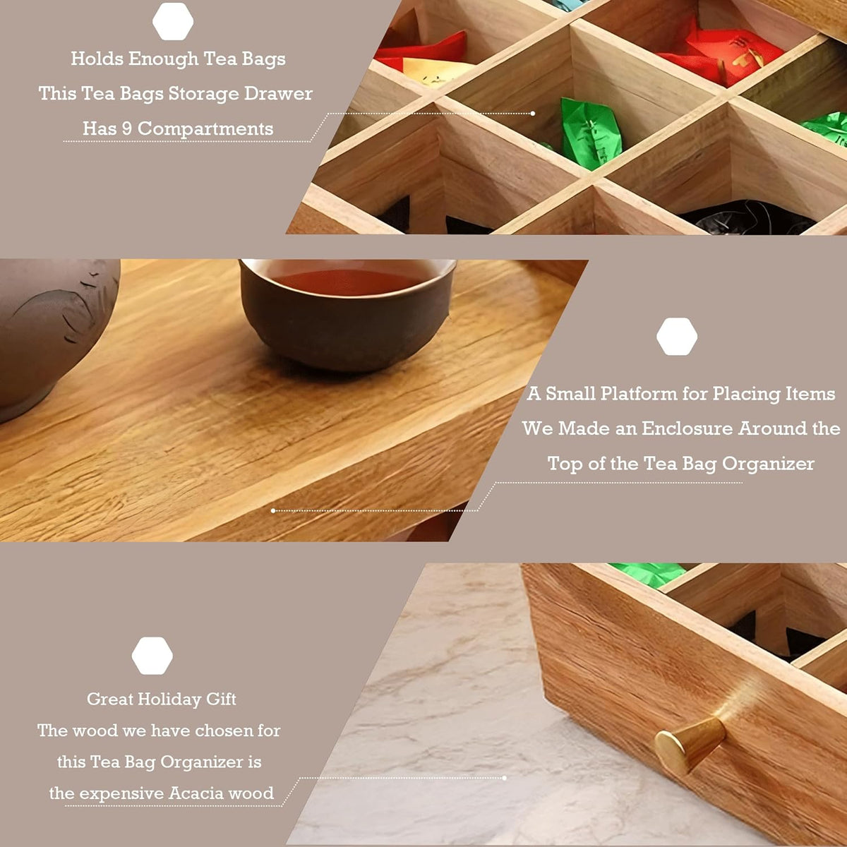 Tea Bag Holder Organizer, Tea Storage Organizer, Acacia Wood Drawer Interior 9 Grids & Teapots and Cups Can Be Placed on Top 10.4"X8.3"X5.4" Storage Box for Kitchen Countertop Organizer