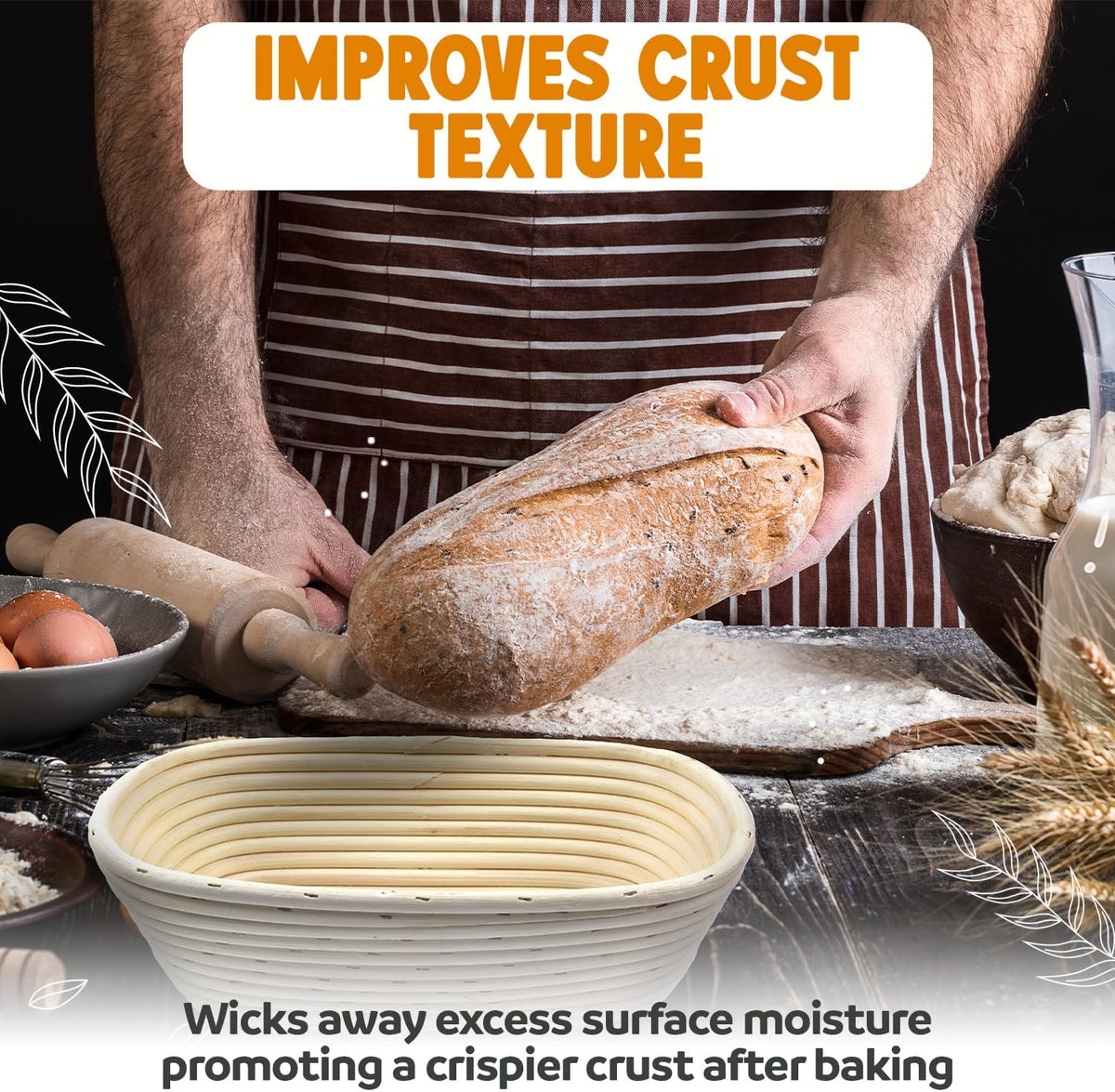 Banneton Bread Proofing Basket Sourdough Proofing Basket for Beginners & Professional Bakers, Handwoven Rattan Cane Bread Maker for Artisan Breads, 10 x 3.5 Inch, 2-Pound Round Brotform