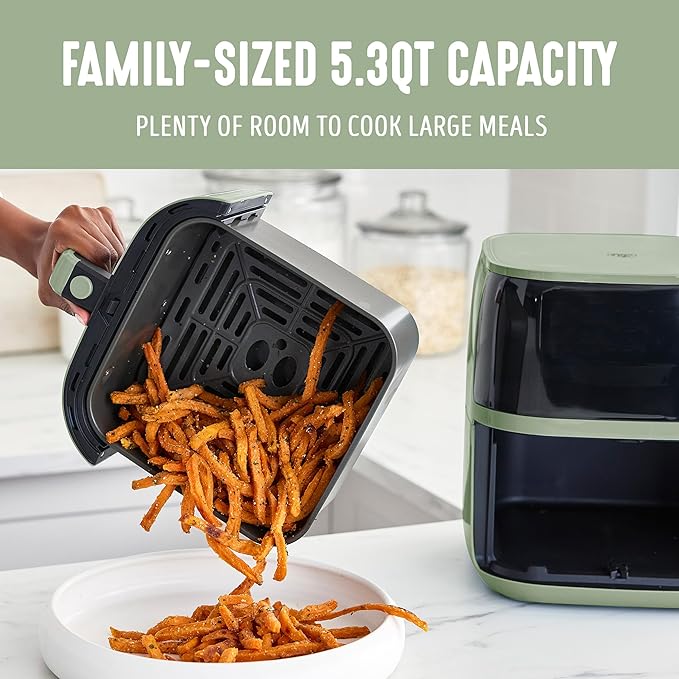 GreenLife Compact Electric Air Fryer Oven, 5.3 QT, PFAS-Free Ceramic Nonstick Drawer, 8 One Touch Digital Display, Easy View Window, Auto Shut-Off Timer, Dishwasher Safe Parts, 1500 Watts, Sage