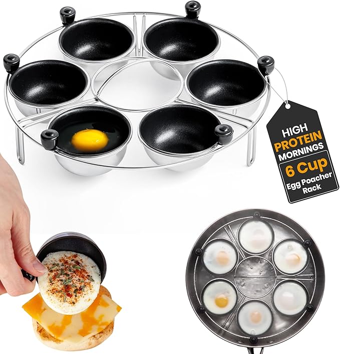 Eggssentials Egg Poacher Insert Stainless Steel Poached Egg Cooker Eggs Poaching Cup PFOA Free Egg Poachers Nonstick, 9 inches Rack, 6 Poached Cups