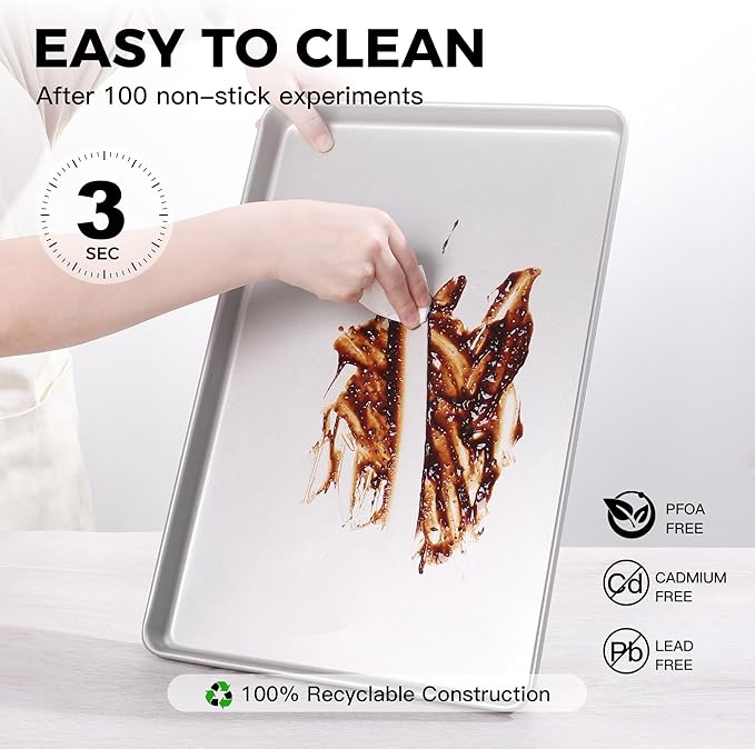 HONGBAKE Half Baking Sheet Pan Set of 2, Nonstick Cookie Sheet for Oven, Heavy Duty 1/2 Commercial Cookie Trays, Dishwasher Safe - Silver