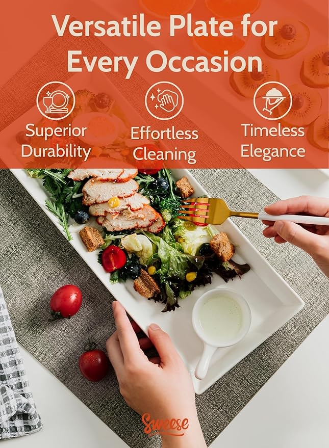 Sweese Rectangular Porcelain Platters, Serving Trays for Parties, 13.8 Inch Large Serving Dishes for Steak, Taco, Sushi, Appetizer, Cake - Dishwasher & Oven Safe - Set of 4, White