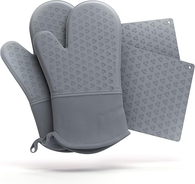 Cosy House Collection 4-Piece Oven Mitt & Pot Holder Set - 500°F Heat Resistant Trivet Cooking Gloves - Flexible, Durable & Comfortable Long-Lasting Silicone - Cooking, Baking & Grilling (Grey)
