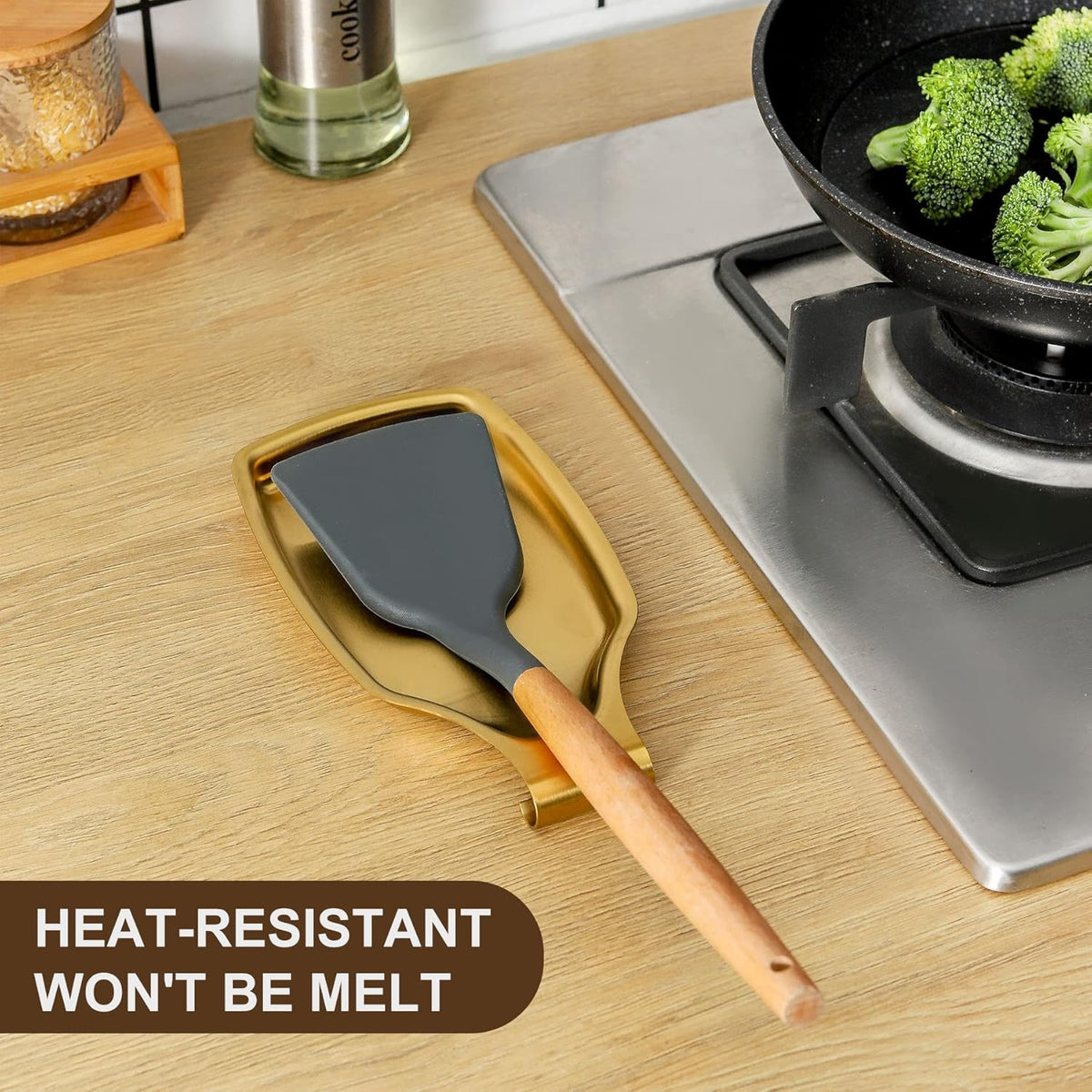 Gold Spoon Rest For Stove up, Stainless Steel Spoon Rest For Kitchen Counter, Large Kitchen Spoon Holder with Square Bottom, Spatula Spoon Ladle Utensil Holder, Heavy Duty.