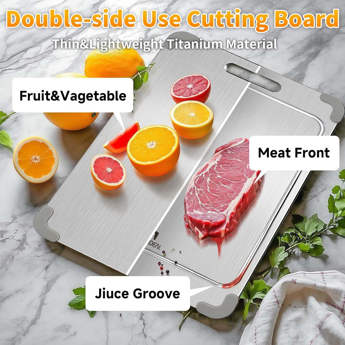 3Pcs 100% Pure Titanium Cutting Board with Grooves, Update Double Side Titanium Chopping Board, Silicone Anti-slip Stainless Cutting Boards Set for Kitchen, Grey