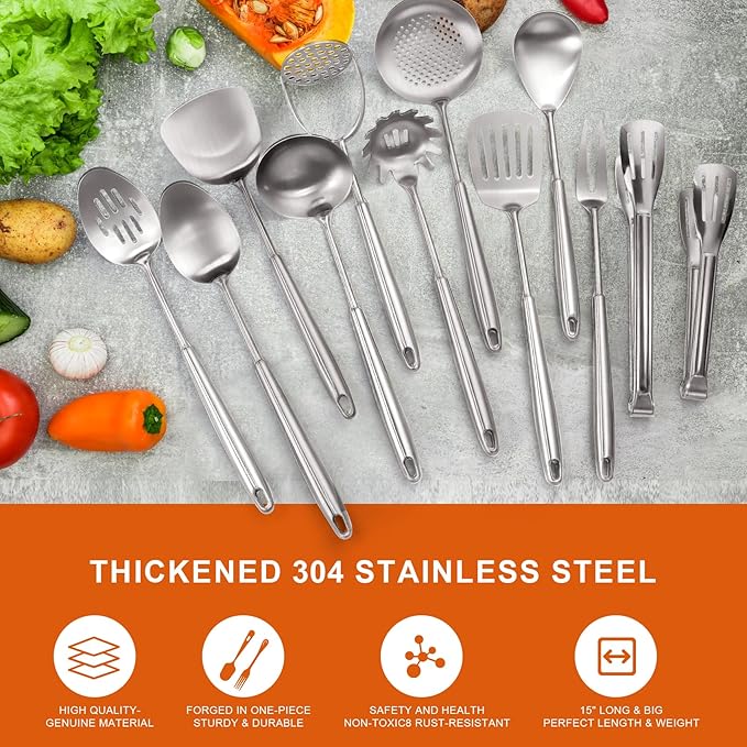 304 Stainless Steel Cooking Utensils Set, Stainless Steel Kitchen Utensils, 12 PCS Long Large Metal Cooking Utensil Tools Set, Potato Masher, Fork, Tongs, Pasta, etc (Dishwasher Safe)