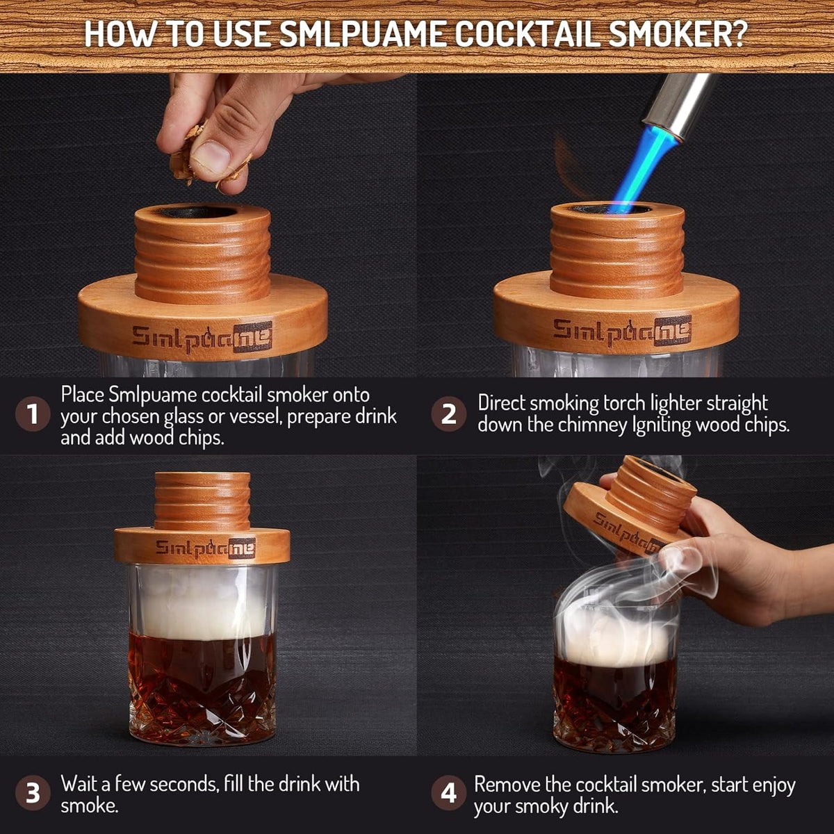 Cocktail Smoker Kit, Old Fashioned Smoker Kit for Bourbon Whiskey Drink, Smoker Infuser Kit with 4 Flavors Wood Chips, Birthday Father's Day Gifts for Husband, Men, Dad