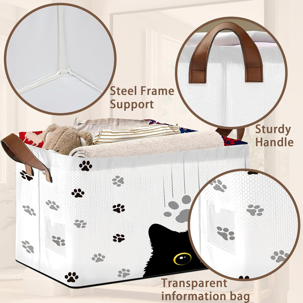 Black Cat Storage Basket Large 17x11.5x10.5 Inche-Collapsible Fabric Organizer Bin with Handles for Halloween Decor, Pet Lovers,Gothic Theme-Decorative Hamper with Minimalist Feline Design-Single Pack