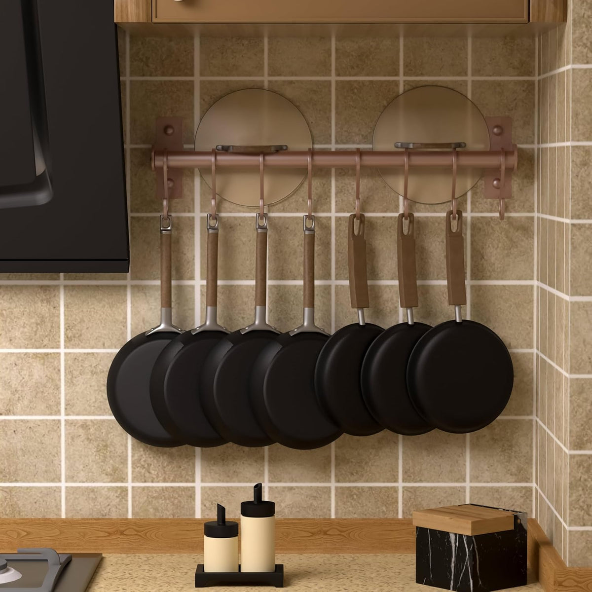 Dseap Kitchen Utensil Holder Hanger, Pot and Pan Rack Wall Mounted, Kitchen Rail with 8 Hooks for Hanging Cooking Utensils, Mugs, Spoons, Wall Mounted, Rose Gold, Pack of 2