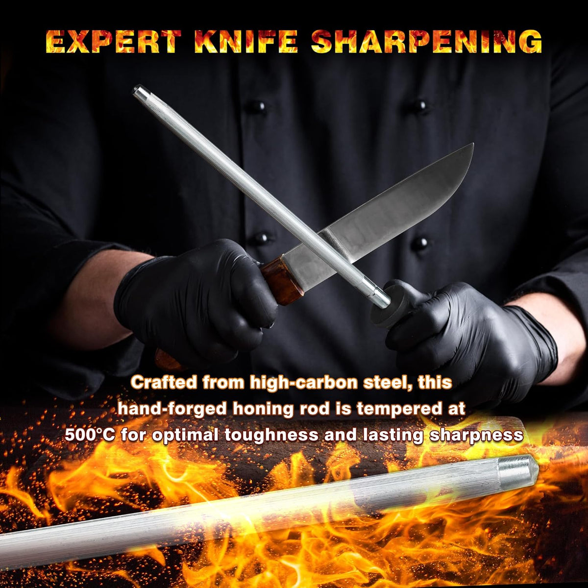 Knife Sharpener Rod, Kitchen Knives Sharpener Carbon Steel Professional Knife Sharpening Steel, Honing Rod with Hanging Holes (13 inches)