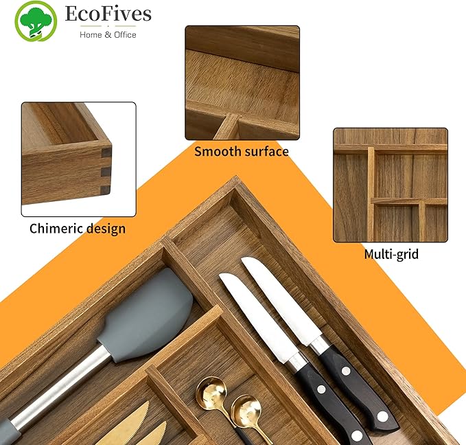 Luxury Acacia Kitchen Drawer Organizer - Silverware Organizer - Utensil Holder and Cutlery Tray with Grooved Drawer Dividers for Flatware and Kitchen Utensils (6 Slot)