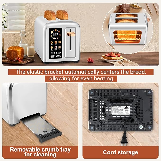 SEEDEEM Toaster 2 Slice with Touch Screen, Faster Heating Speed, 7 Shade Setting, 6 Bread Type, 1.5”Wide Slots Toaster, Removable Crumb Tray, 1350W, Silver Metallic