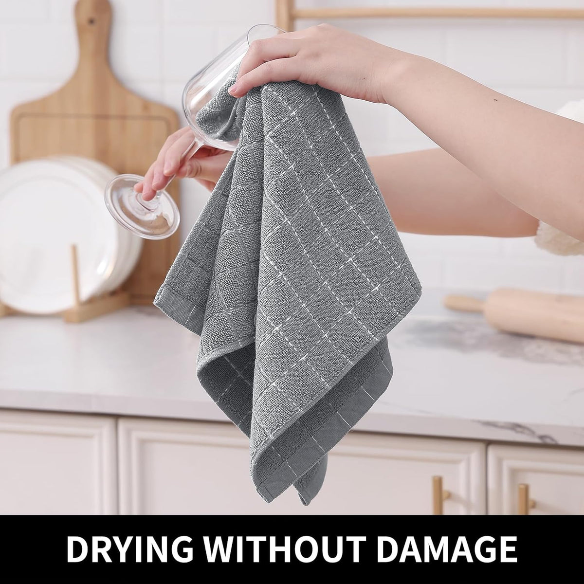 Homaxy 100% Cotton Terry Kitchen Towels(Grey, 13 x 28 inches), Checkered Designed, Soft and Super Absorbent Dish Towels, 4 Pack