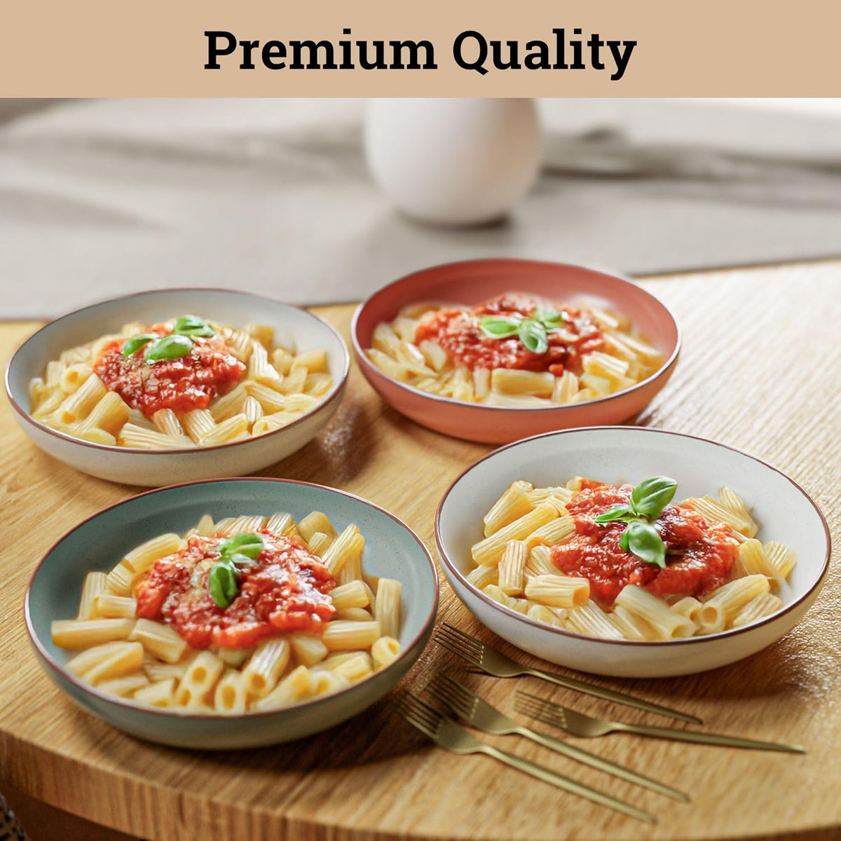 Pasta Bowls Set of 4 - Large 30 oz Bowls - Stylish Ceramic Plates - Safe for Oven, Microwave & Dishwasher - Salad Bowl Set of 4 - Pasta Bowl Plates - Deep Plate with Lid Edge - Blates Dinnerware