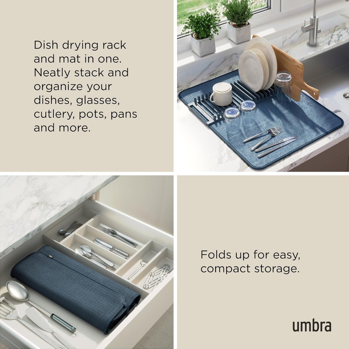 Umbra Udry Dish Rack and Microfiber Drying Mat – Space-Saving Design Folds Up for Easy Storage, Basic Rack, Slate Blue