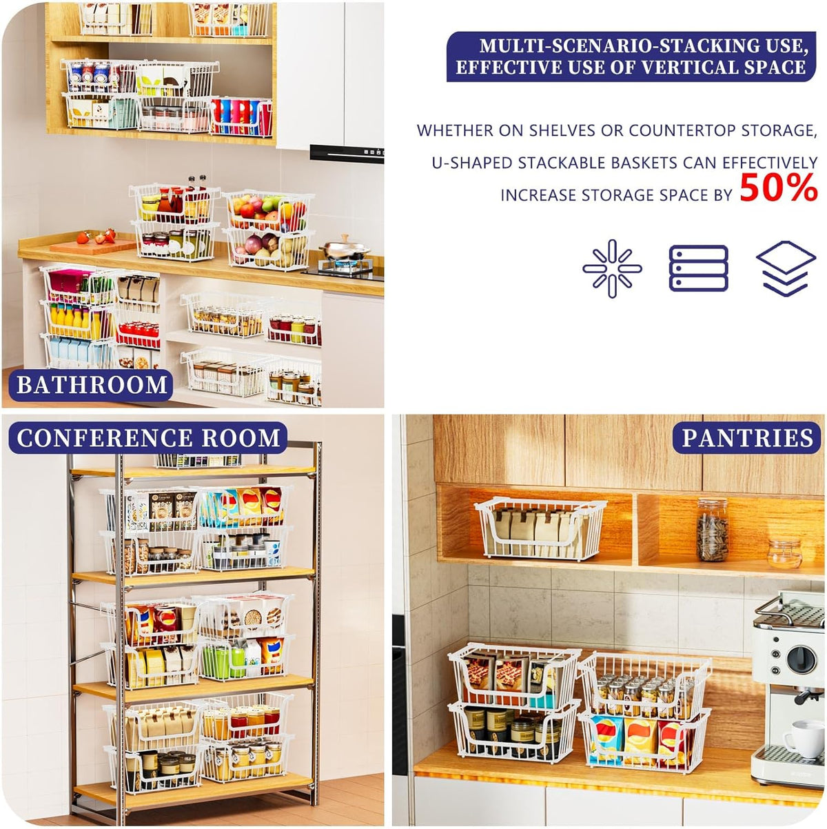 Enhanced Leak-Proof Bottom Stackable Wire Baskets, 6 Pack Pantry Organizers and Storage, pantry storage，Shelf Baskets, Fruit Basket, Potato and Onion Storage Bins，(White)