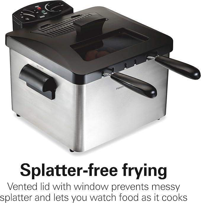 Hamilton Beach Electric Deep Fryer with 3 Baskets and Lid, 4.5 Liters / 19 Cups Oil Capacity, Temperature Control, View Window, Professional Style, 1800 Watts, Stainless Steel (35034)