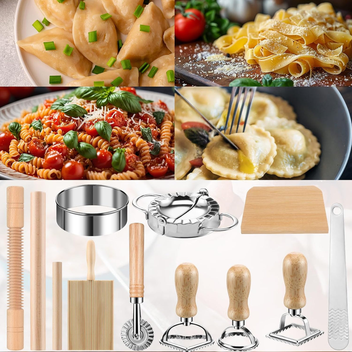 11 Pcs Pasta Making Tools Kit - Includes Wooden Gnocchi Board with Ravioli Stamp Cutter, Threaded Rolling Pin, Dumpling and Pasta Maker - Gift for Homemade kitchen Baking Lovers