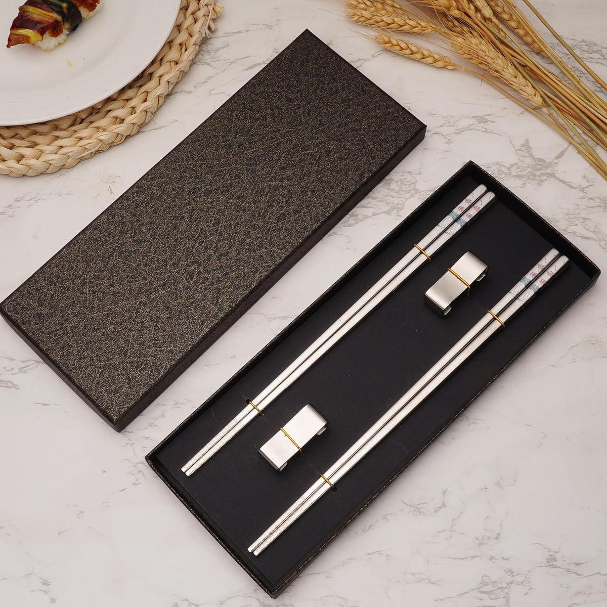 Stainless Steel Chopsticks, Titanium Plated Metal Chopsticks, 9.8" Premium Japanese Korean Color Laser Engraved Cooking Chop Sticks, Dishwasher Safe, Reusable, Anti-slip, Anti-scald, 2 Pairs Gift Set