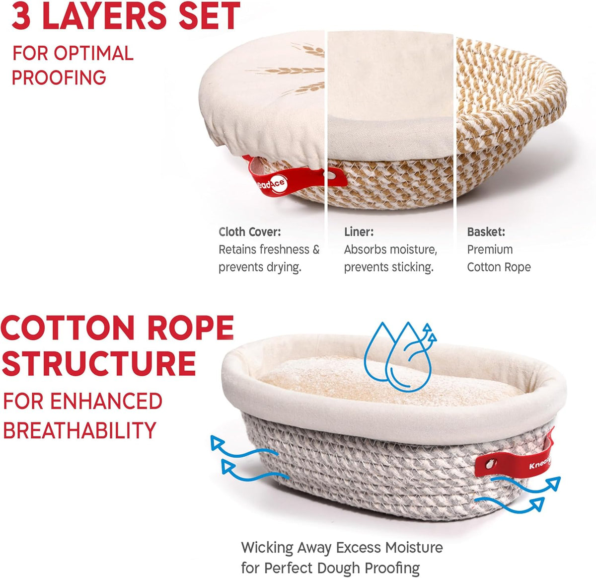 KneadAce Sourdough Starter Kit – 34oz Starter Jar, 2 Cotton Rope Banneton Proofing Baskets, Magnetic Bread Lame for Scoring – Gift for Bakers & Complete Sourdough Bread Baking Set