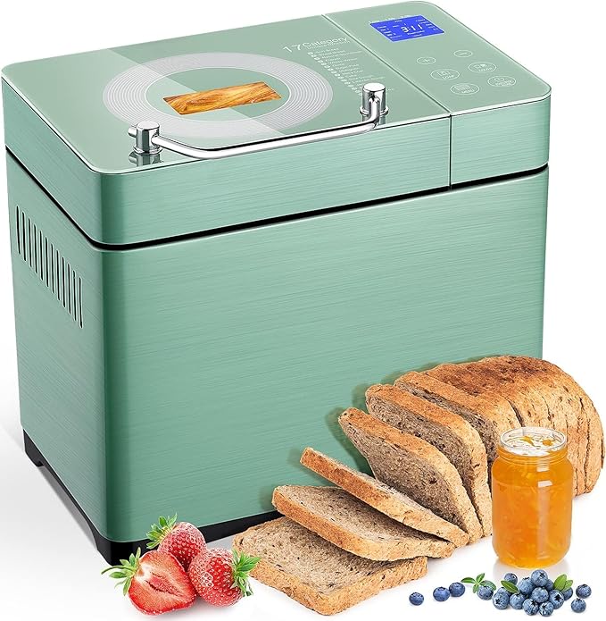 2.2LB Larger Bread Maker Machine with Dual Heaters, 17-in-1 Bread Machine With Die-Cast Ceramic Pan & Auto Fruit Dispenser, Full Stainless Steel Breadmaker, 15H Timer&Keep Warm, Sourdough, Gluten-Free