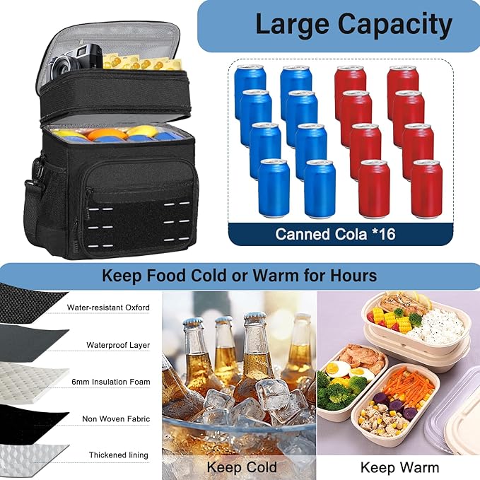 Lunch Box Cooler Bag - Tactical Insulated Lunchbox for Men - Large Soft Expandable Lunch Pail for Adults Work Outdoor Shifts Trips Black 16L