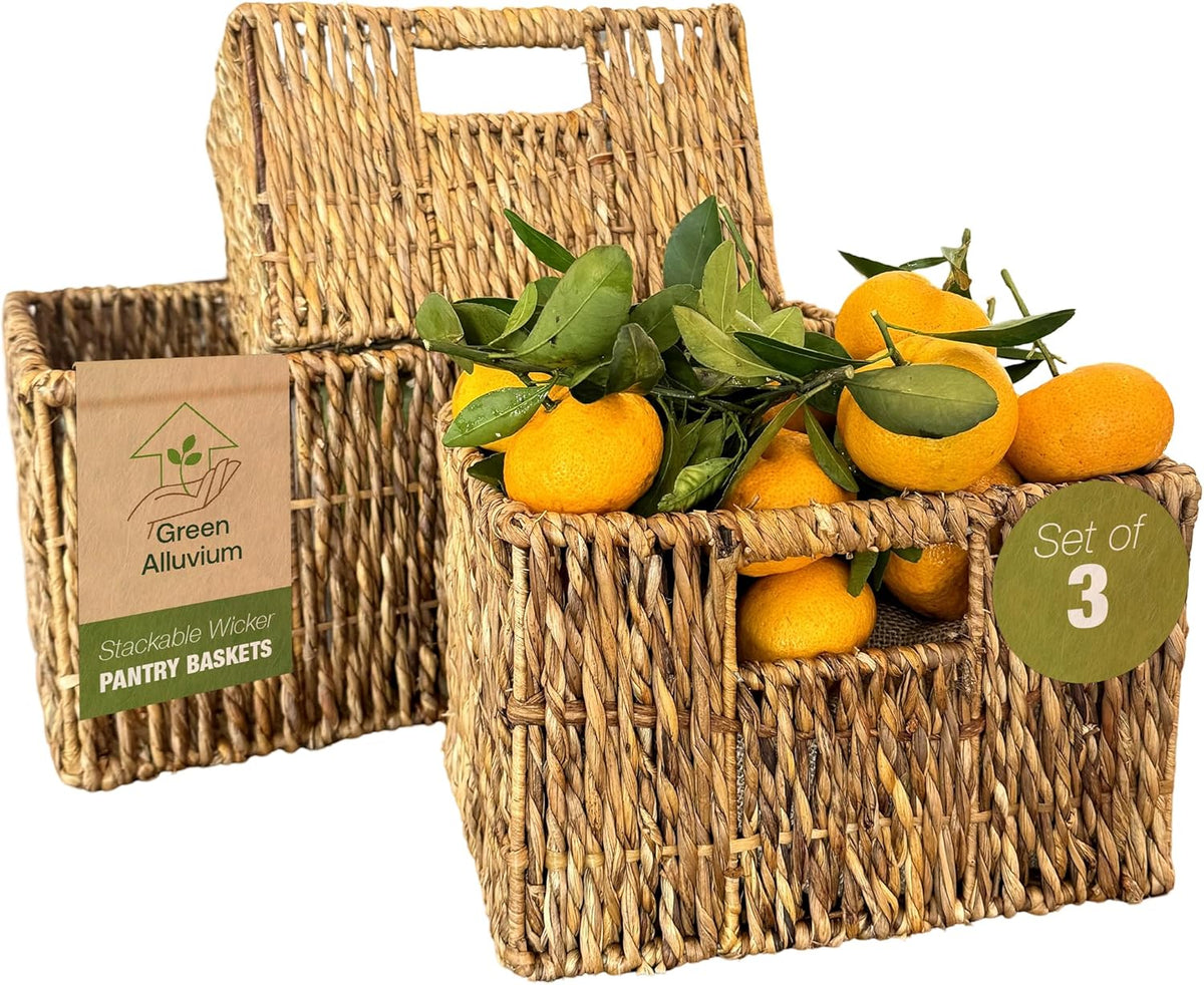 Wicker Basket Set – Stackable Storage Bins for Organizing Pantry & Kitchen – 1 Large Basket + 2 Small Baskets with Handle – Wicker Storage Baskets for Shelves & More