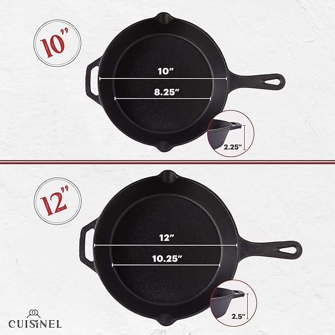 Cuisinel Cast Iron Skillets Set - 4-Piece Chef Pans Kit - 6" + 8" + 10" + 12"-Inch + 4 Silicone Grip Handle Holders - Pre-Seasoned Oven Cookware - Use Indoor/Outdoor, Grill, Stovetop, BBQ, Firepit