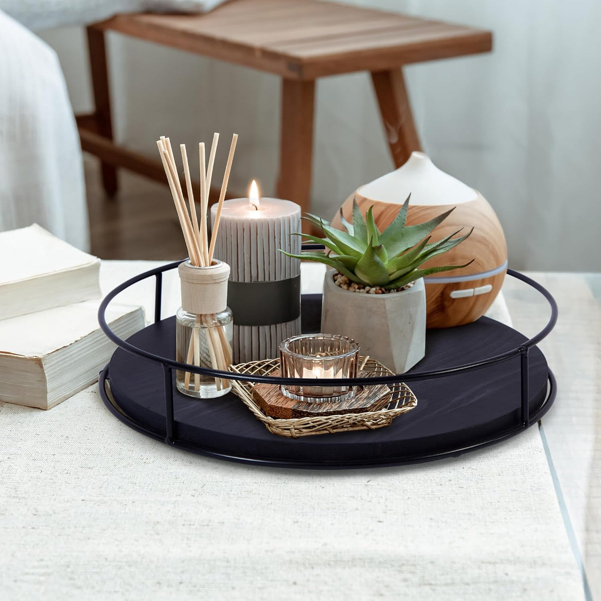 [ 2 Pack ] 9" & 10" Black Wood Lazy Susan Organizers with Steel Sides, Lazy Susan Turntable for Cabinet, Kitchen Turntable Storage for Table, Countertop, Pantry