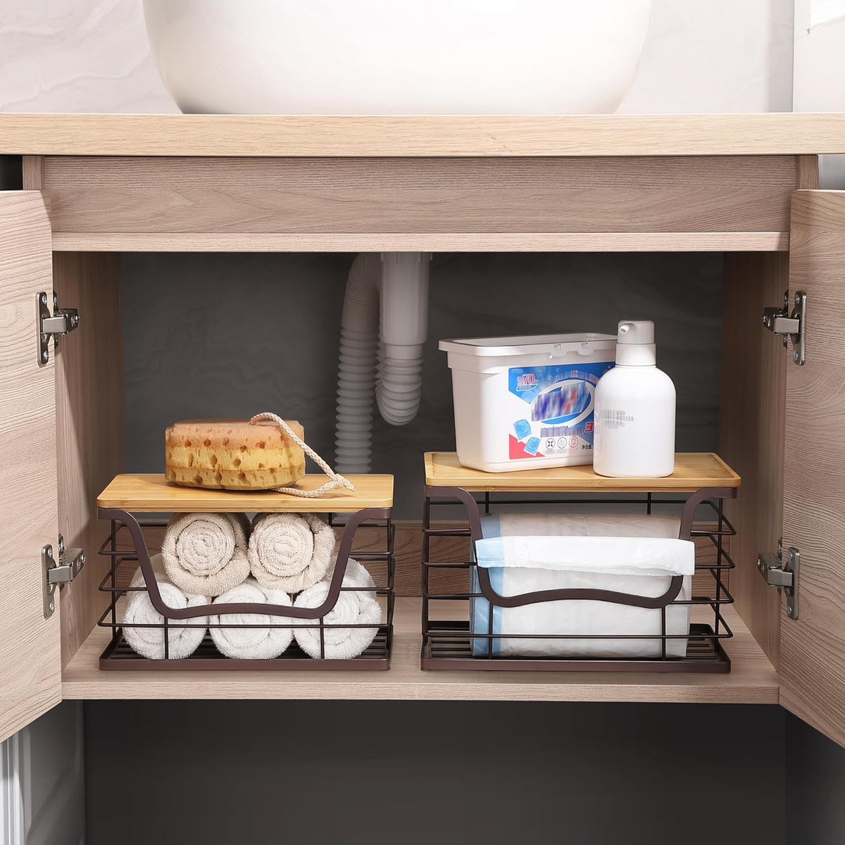 Trash Bag Dispenser Holder for Kitchen 2 Pack Brown Finish Garbage Bag Organizer Wall Mount Stackable Bin with Bamboo Lid for Countertop, Under Sink, Laundry Room