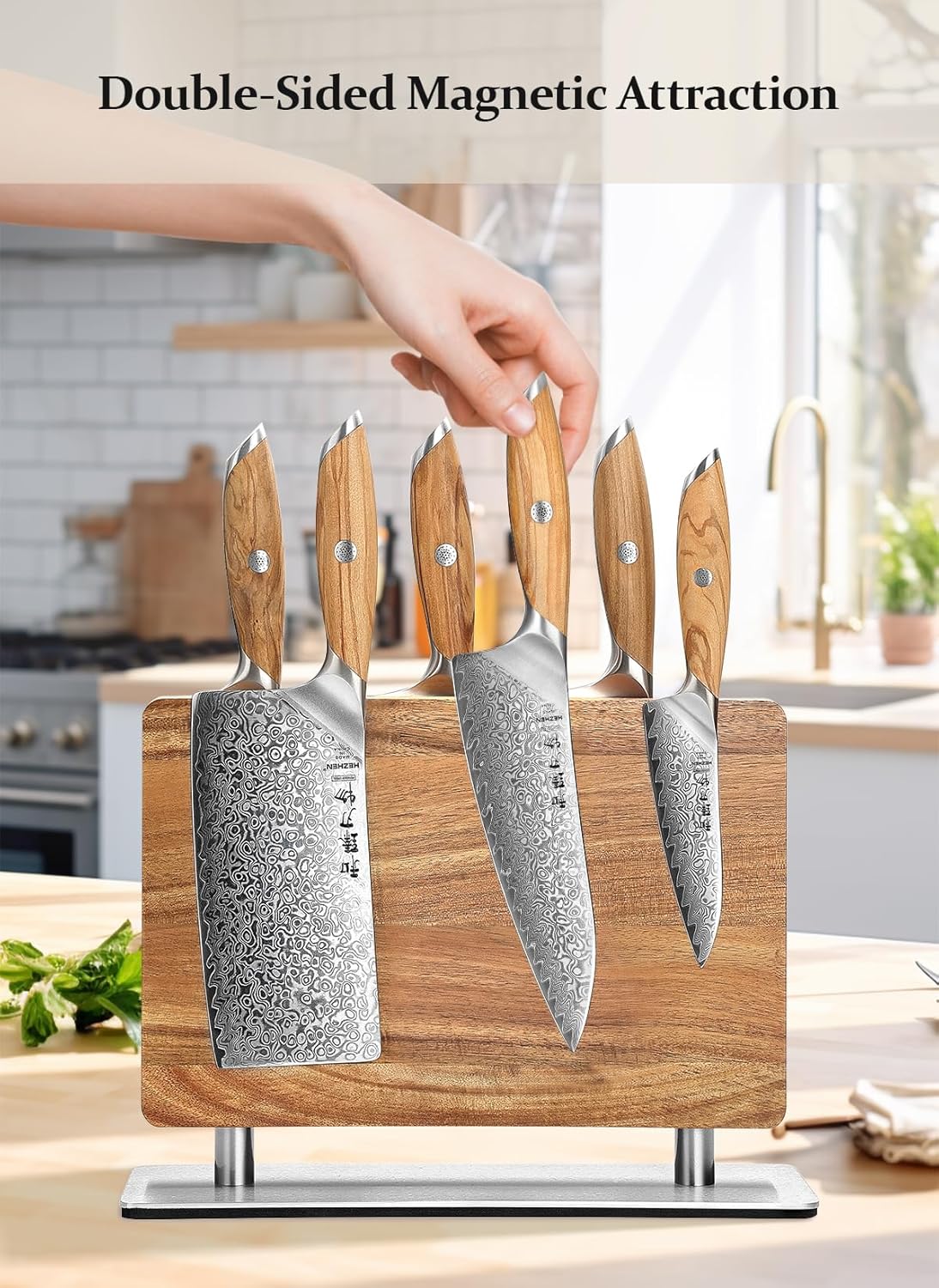 Strong Double Sided Magnetic Knife Block Without Knives, with Acacia Wood+430 Stainless Steel Base，Magnetic Universal Stands with Strong Enhanced Magnets Strip Kitchen Storage Cutlery Large Organizer