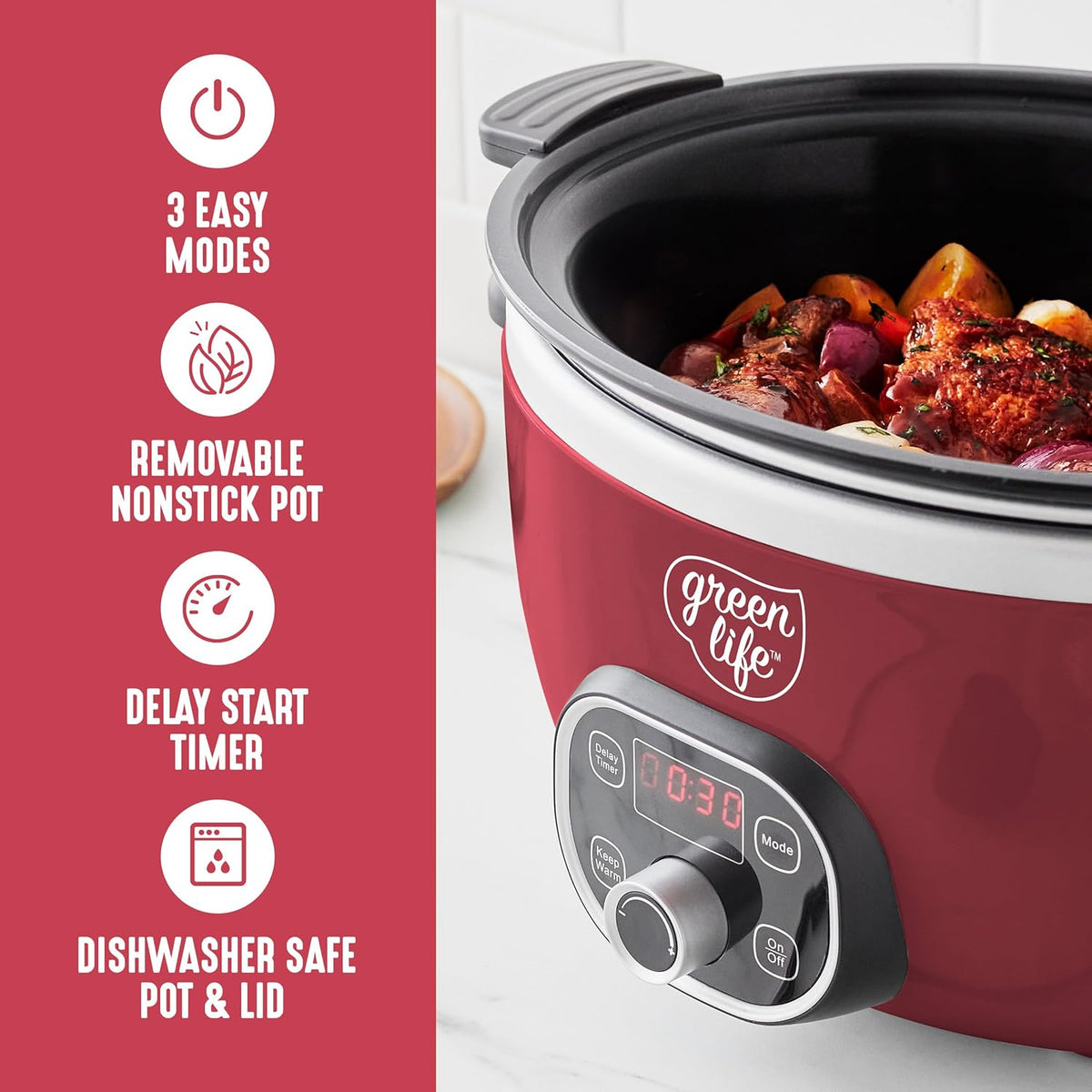 GreenLife 6QT Slow Cooker, Non-Toxic PFAS-Free Ceramic Nonstick Removable Interior Bowl, Programmable, Family Friendly, Keep Warm, Stovetop & Oven Safe, Dishwasher Safe Parts, Timer, Glass Lid, Red