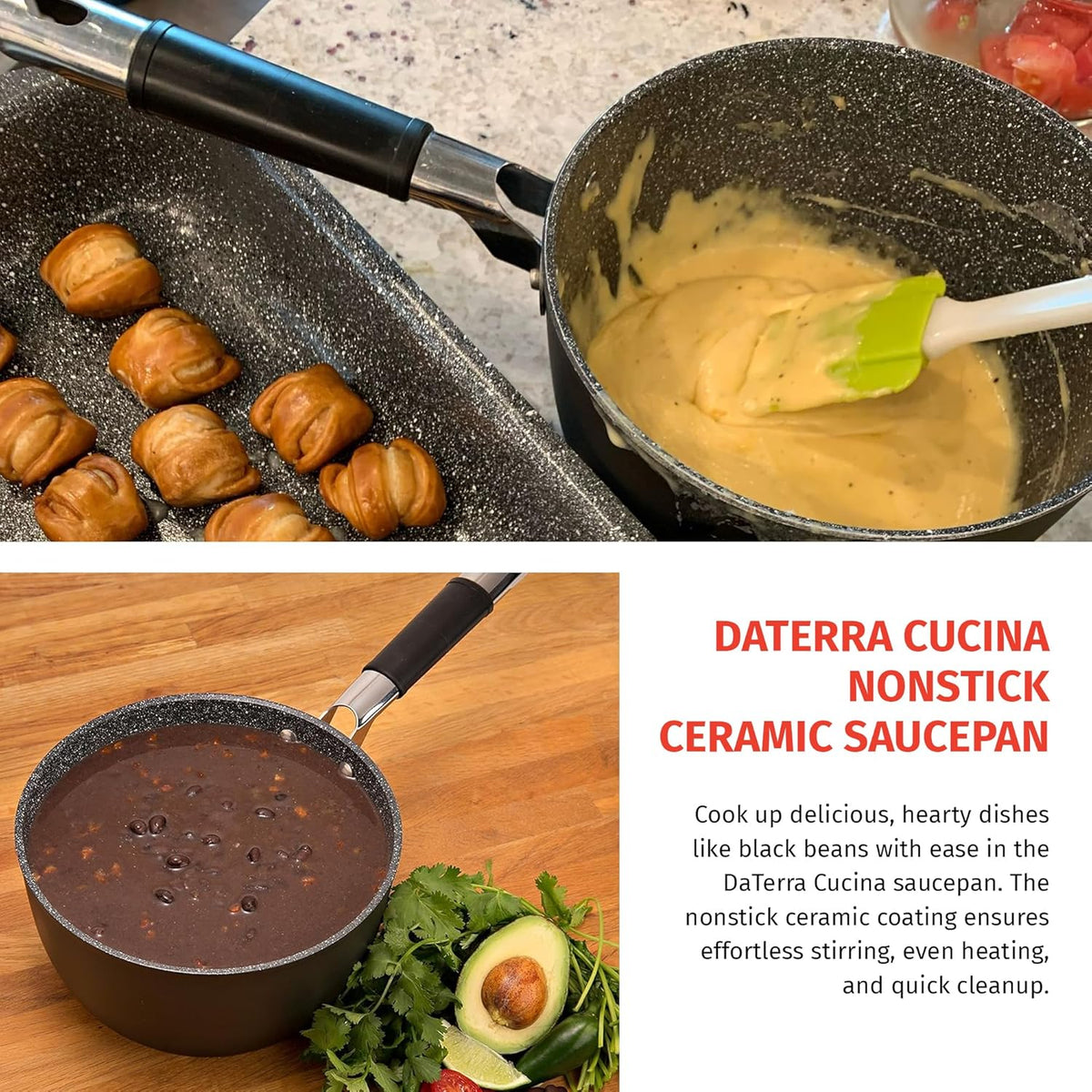 DaTerra Cucina - 2.6 Qt Nonstick Ceramic Saucepan with Lid – Induction Compatible Cooking Pot, Nonstick Ceramic Sauce Pan for Soup, Pasta, Milk, and More, Medium Size for Kitchen, Oven Safe