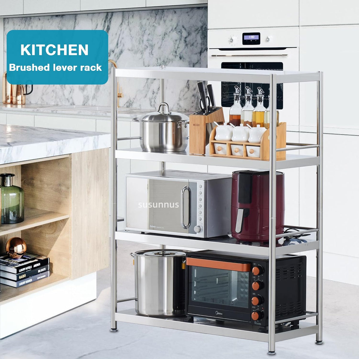 susunnus Stainless Steel Shelves 4 Tier Storage Shelves for Kitchen Garage Shelves Heavy Duty Shelving Metal Shelving Units and Storage Kitchen Industrial Storage Rack(with Guardrails)