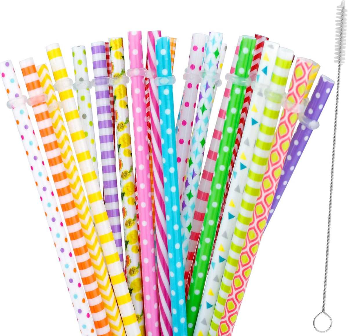 JANYUN 30 Pieces Reusable Plastic Straws BPA-Free 9" Colorful Printing Hard Platic Stripe Drinking Straw for Mason Jar Tumbler Family or Party Use Cleaning Brush Included(Random Pattern) (Straight)