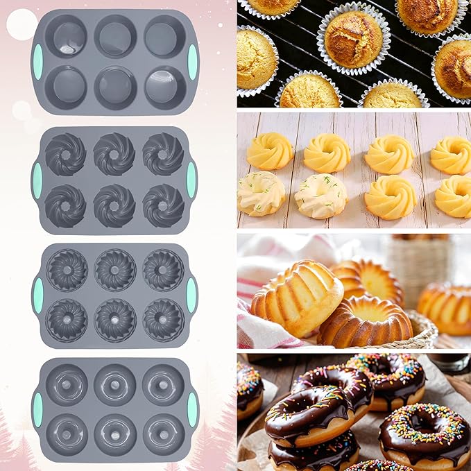 Tongjude 8 Pieces Silicone Donut Pans, Nonstick Silicone Muffin Pans, Heat Resistant Kitchen Oven Baking Cups, Dishwasher Safe and Microwave Safe, Grey