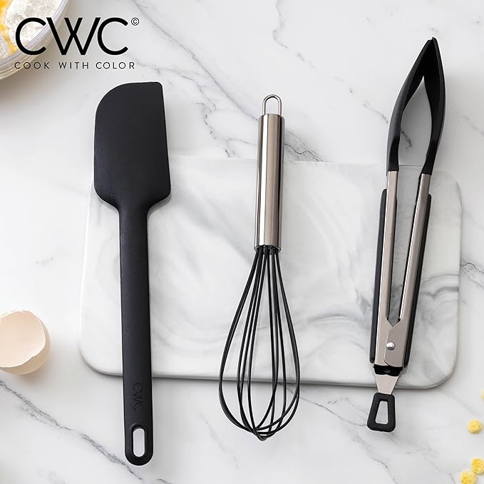 COOK WITH COLOR Stainless Steel Silicone Tipped Kitchen & BBQ Tongs Set, 3 Pc Utensils, Black