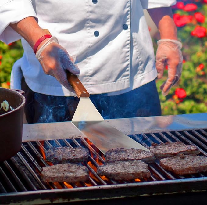 8” Extra-Large Sturdy Stainless Steel Spatula Hamburger Turner with Strong Wooden Handle – Professional Commercial Food Flipper Scraper for Grilling Cooking, Baking for Your Flat Top Restaurants