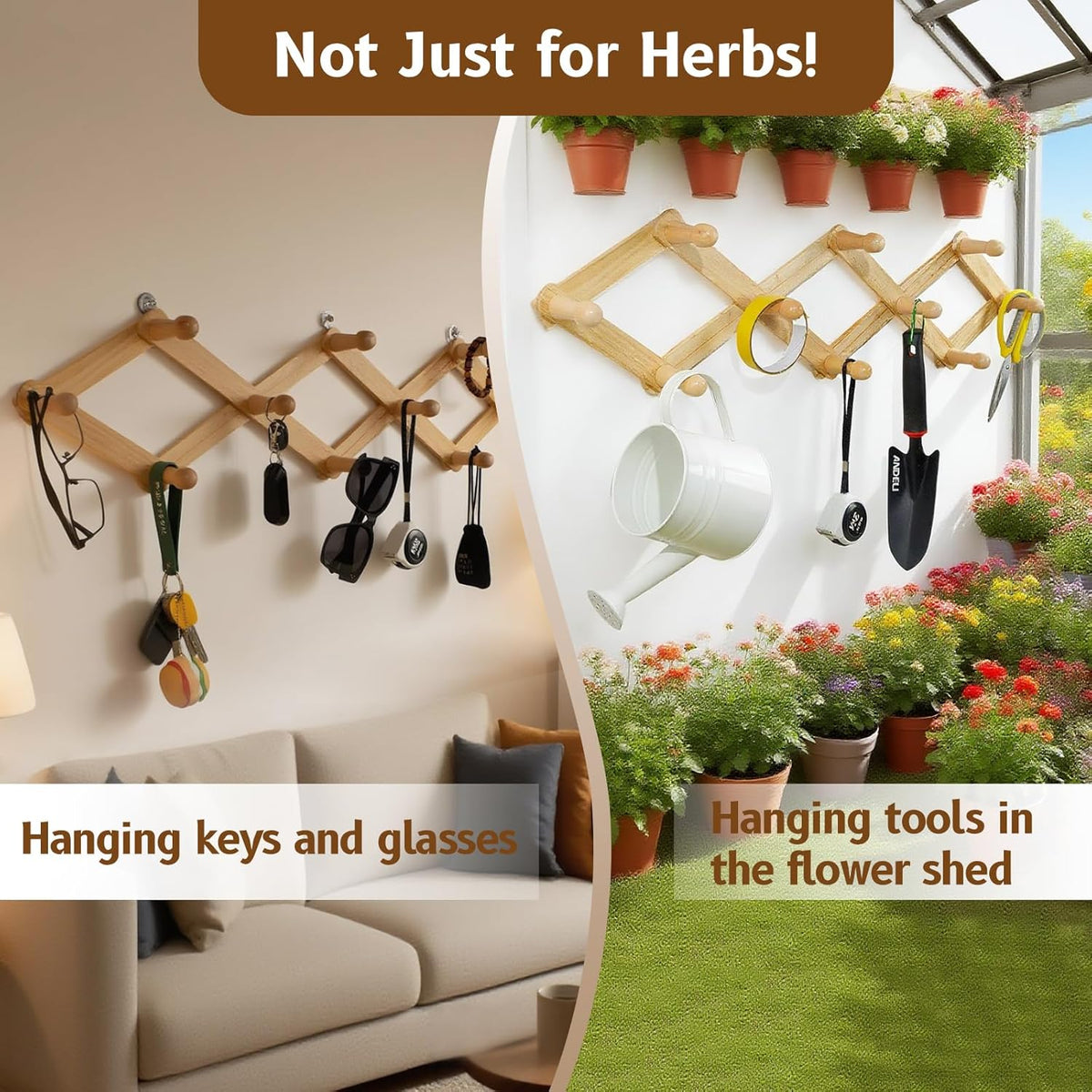 Rustic Adjustable Hanging Herb Drying Rack-Holds 10 Bouquets, Space-Saving Herb Flower Dryer with Adhesive Wall Hooks for Herb Display Rack,Kitchen Wall Décor-Unusual Gifts for Gardener Woman