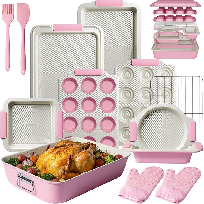 Kikcoin 25 PCS Stackable Baking Pans Set, Non-stick Bakeware Sets with Silicone Handles, 450°F Oven Safe Cookie Sheets for Baking, Easy Release Heavy-duty Baking Sheets Non Stick, Pink