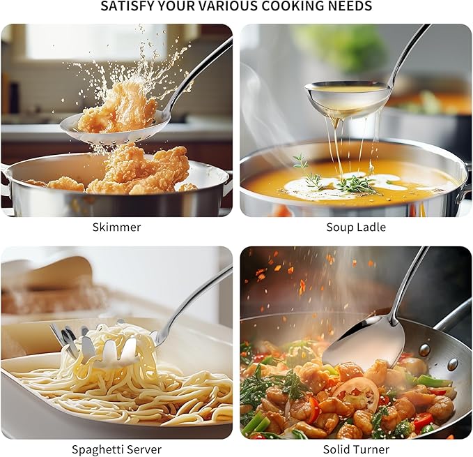 304 Stainless Steel Kitchen Cooking Utensils Set - 9 PCS Serving Utensils, Include Skimmer, Soup Ladle, Spaghetti Server, Wok Spatula, Slotted & Solid Spoon, Slotted Spatula Turner, Meat Fork (Silver）