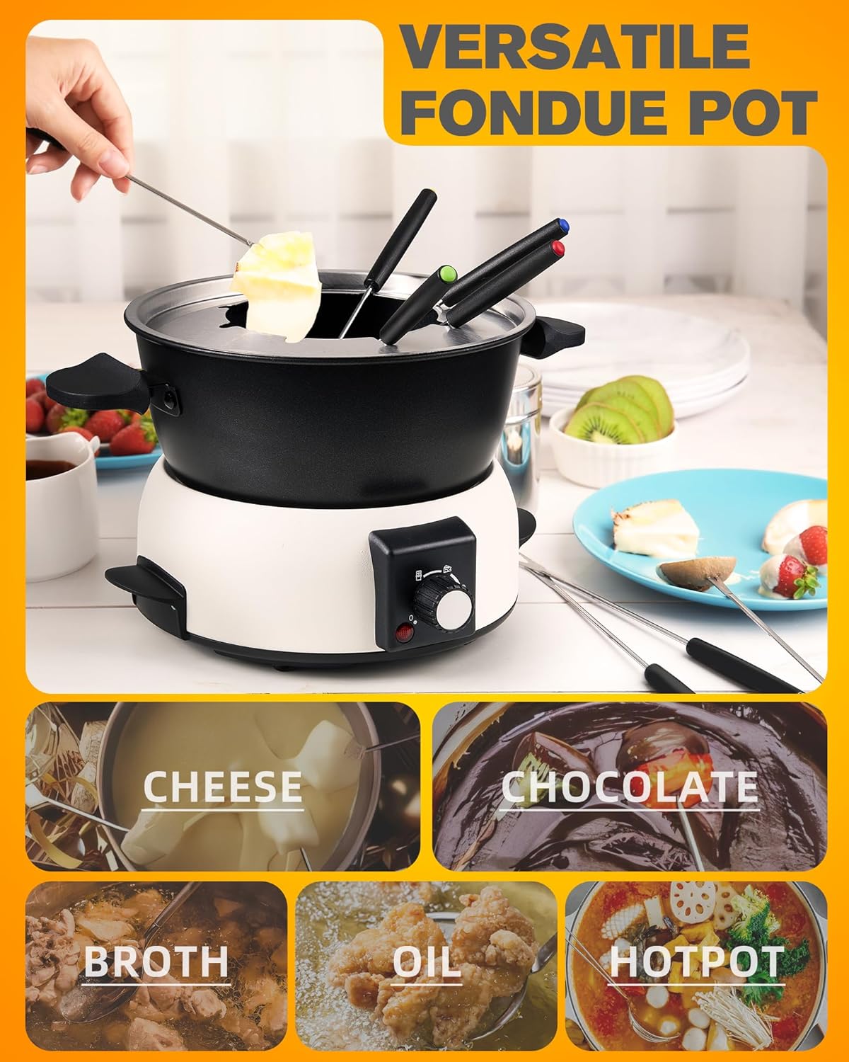 3-Quart Electric Fondue Pot Set – Stainless Steel Fondue Pot with 8 Color-Coded Forks, 3-Mode Adjustable Temperature Control for Cheese, Chocolate, Oil, and Hotpot, Model FD-10B