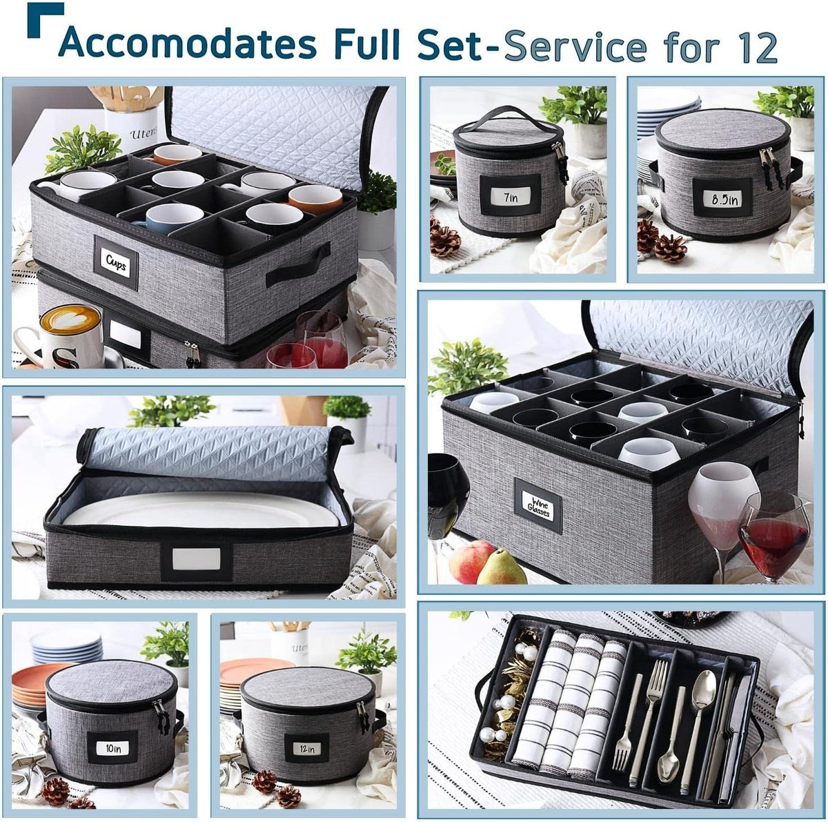 STORAGEBUD China Storage Containers Hard Shell, 8 Piece Flatware & Utensil with Mug Storage, Wine Glass 4 Dish Platter Case, Padded Dinnerware Containers, (sb-hds-09)